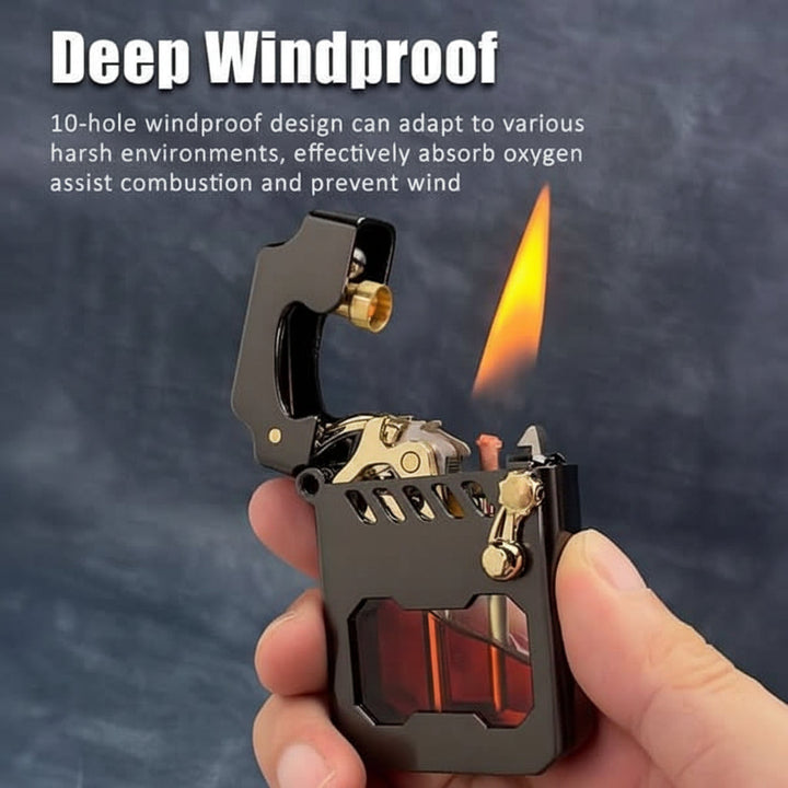 Everyday carry windproof lighter with unique gear mechanism. Stylish metal utility for outdoor camping.