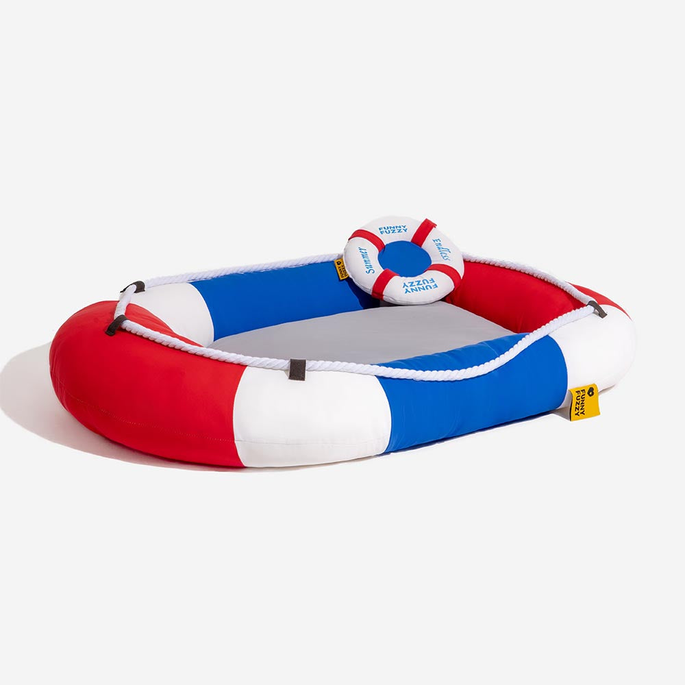 Waterproof dog bed, cooling, blue, boat-shaped, for indoor or outdoor use