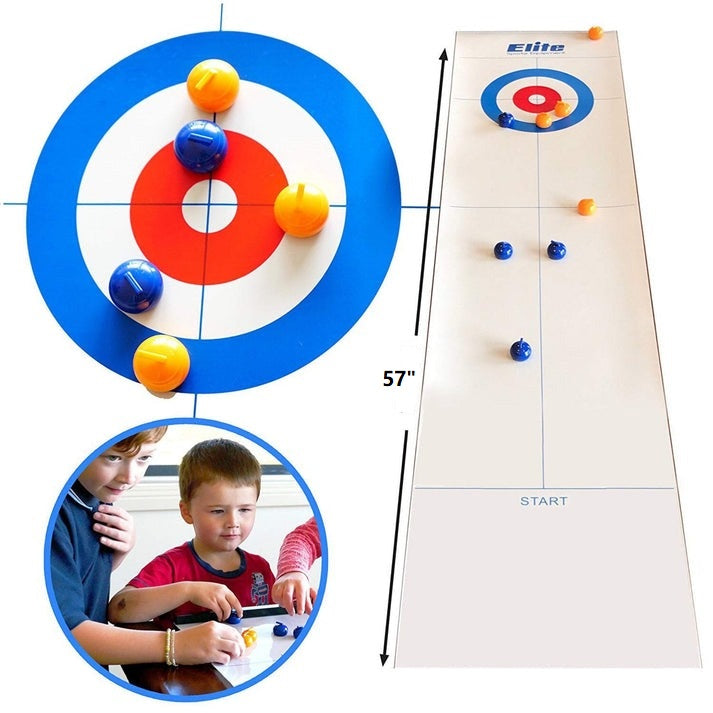 Kids excitedly playing the fun, portable mini curling game; perfect indoor activity.