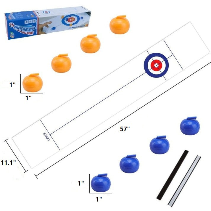 Tabletop curling game set with stones & smooth surface for strategic indoor play.