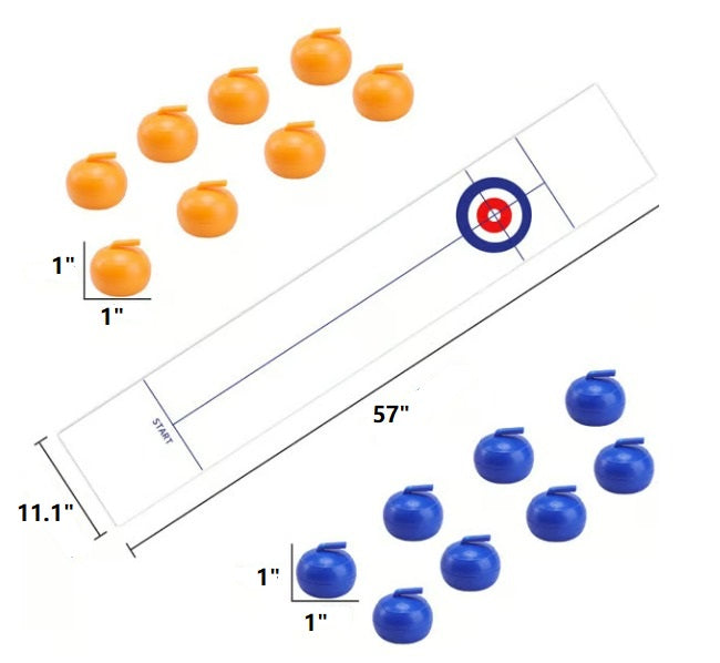 Lively social game: friends gathered around a tabletop curling board for fun competition.