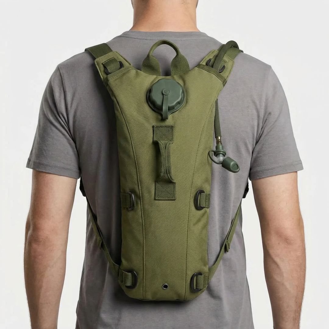 High-capacity tactical hydration pack for hiking, cycling, & running, includes 101 fl oz water bladder.
