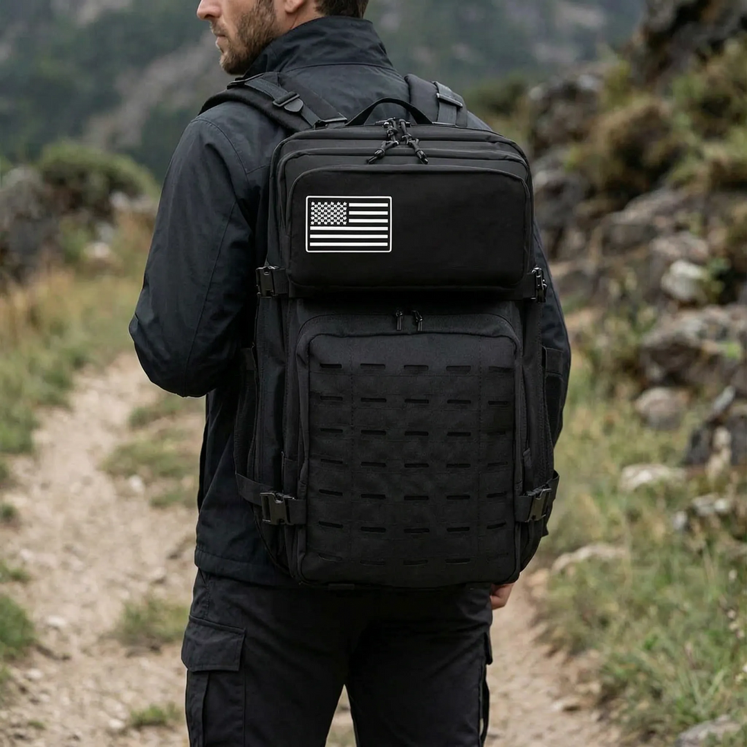 Unisex tactical MOLLE backpack, large capacity for military, hiking, and outdoor gear, durable utility rucksack.