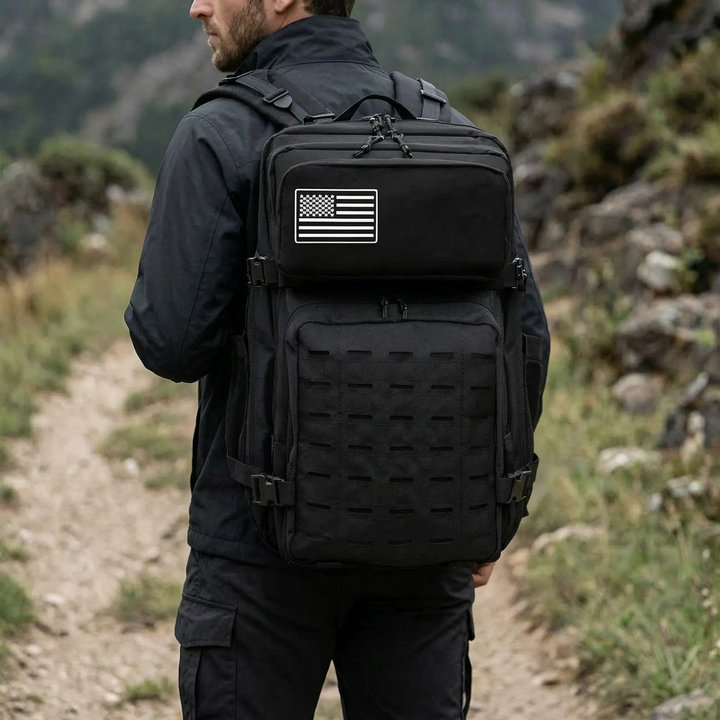 Unisex tactical MOLLE backpack, large capacity for military, hiking, and outdoor gear, durable utility rucksack.