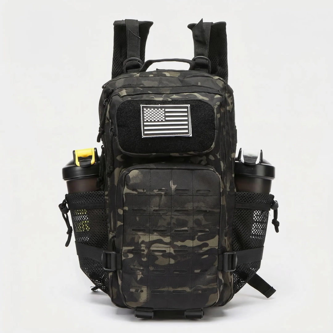 Large capacity unisex tactical backpack, durable MOLLE rucksack for hiking, gym, travel, military, and outdoor gear.