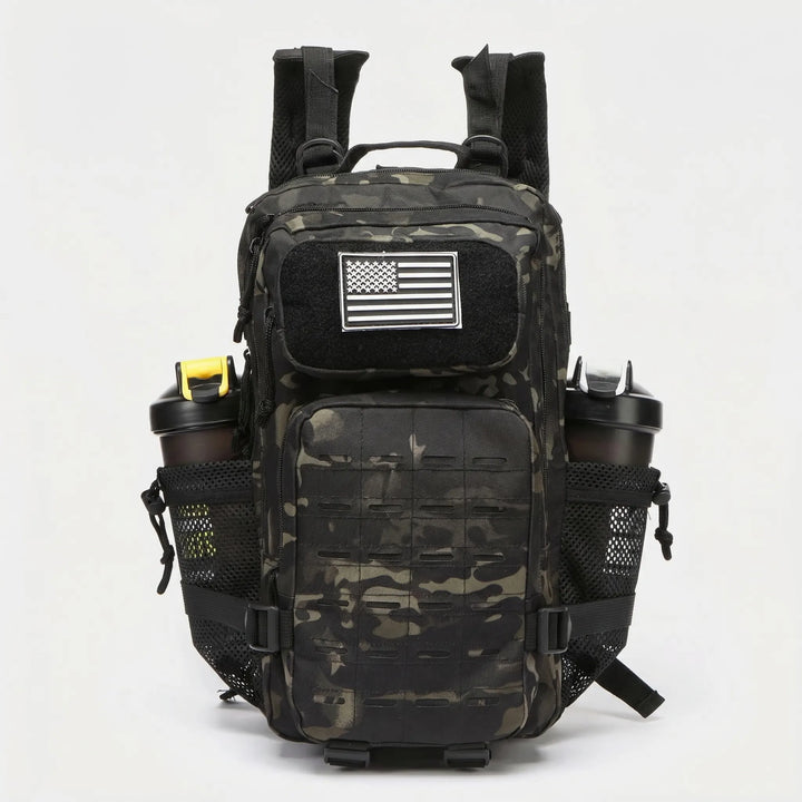 Large capacity unisex tactical backpack, durable MOLLE rucksack for hiking, gym, travel, military, and outdoor gear.