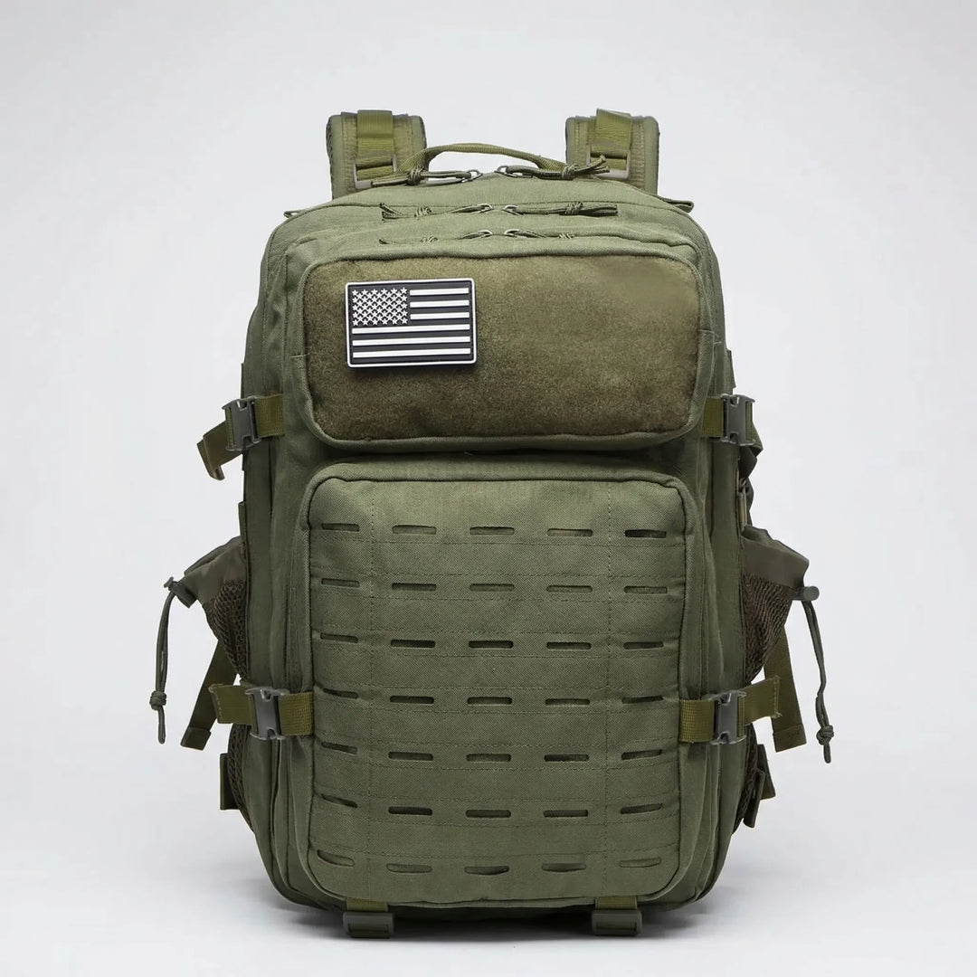 Durable large capacity tactical MOLLE backpack, unisex design for hiking, camping, travel, and military use.