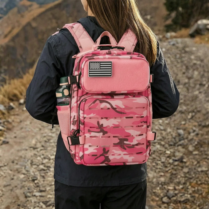 Unisex tactical MOLLE daypack with laser-cut webbing, perfect for hiking and outdoor adventures.