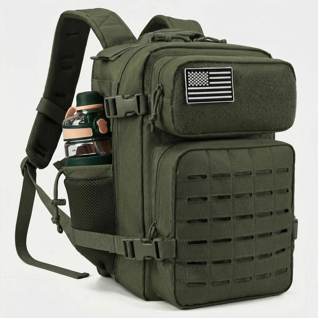 Versatile unisex tactical backpack with MOLLE and laser-cut webbing, ideal as a durable travel or hiking pack.