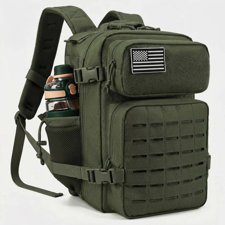 Versatile unisex tactical backpack with MOLLE and laser-cut webbing, ideal as a durable travel or hiking pack.