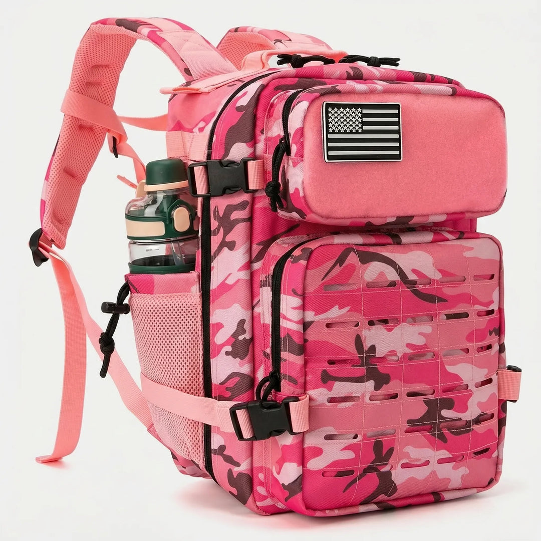Rugged unisex MOLLE daypack, a tactical utility backpack with laser-cut webbing for outdoor and travel use.