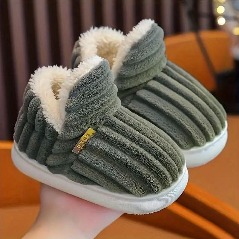 Plush grey unisex thermal slippers, ultimate comfort and warmth for winter indoor use.