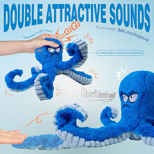 Octopus plush dog toy for aggressive chewers, showing durable reinforced stitching and squeaker
