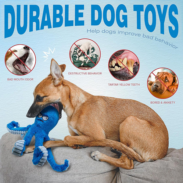 Blue octopus dog chew toy, designed for durability and long-lasting fun for dogs