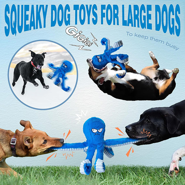 Playful octopus plush dog toy, perfect for pets who love to chew, with squeaky feature