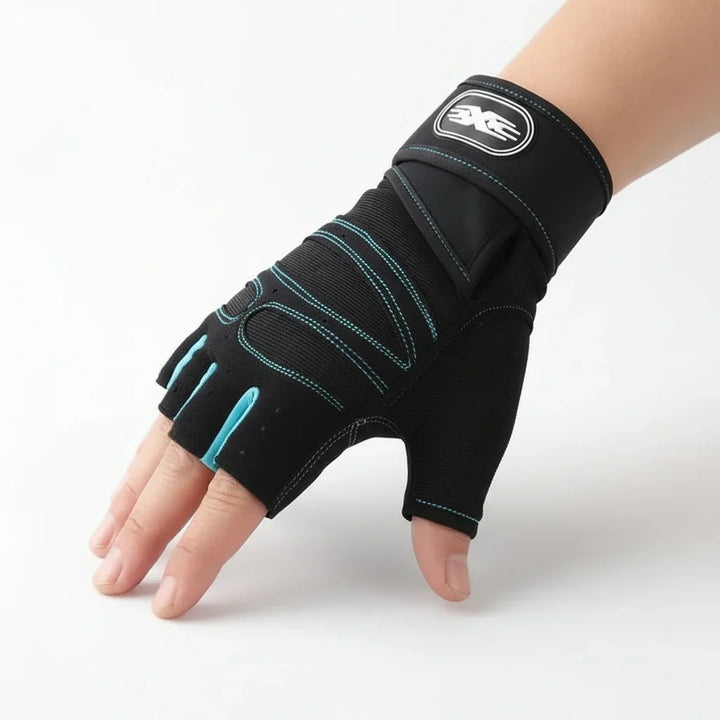 Black unisex gym gloves, shock-resistant, offering wrist support for heavy lifting & intense exercise sessions.