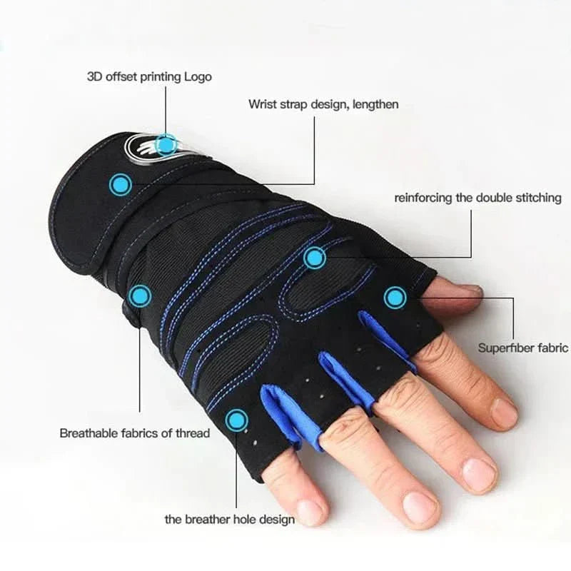Fitness workout gloves with breathable fabric, impact protection & integrated wrist support for secure grip.