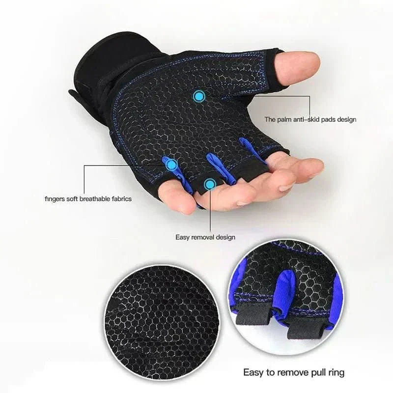 Pair of shock-absorbing weightlifting gloves, designed with ergonomic wrist support for optimal gym performance.