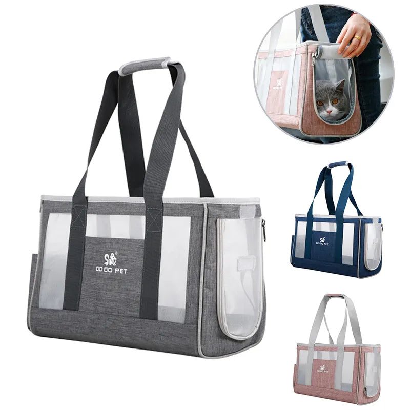 Vented transparent pet carrier bag for safe and comfortable car travel with small cats and dogs