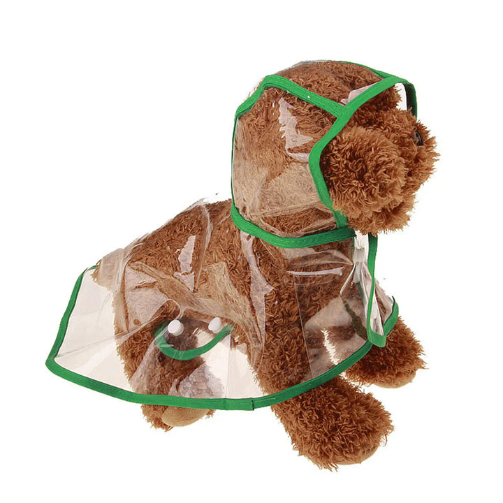 Unisex transparent dog rain jacket, demonstrating its lightweight and durable material.