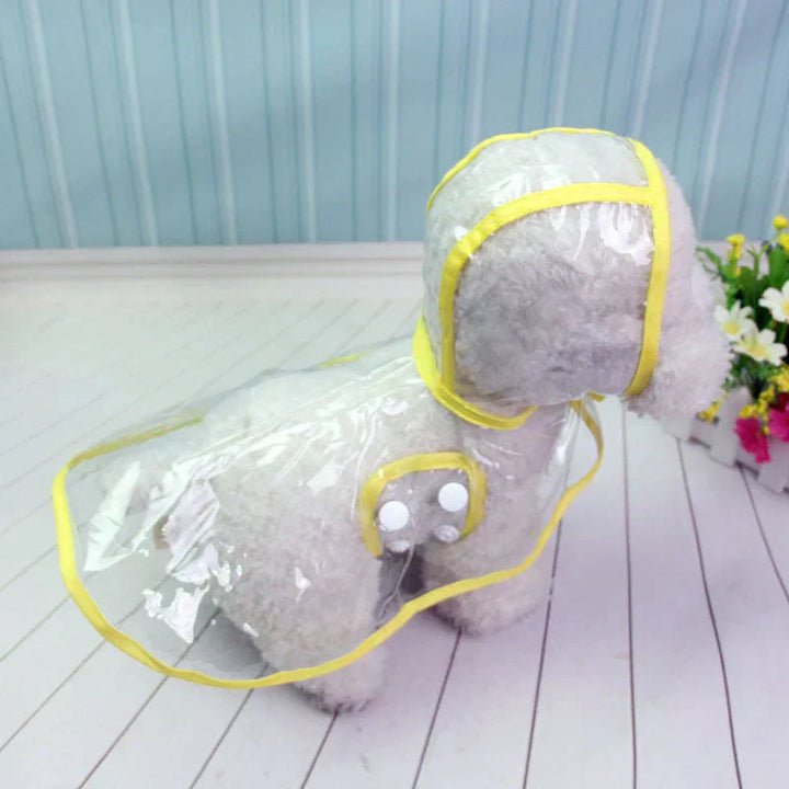 Packaging of a unisex transparent dog raincoat, indicating sizes available. Quality pet supplies.