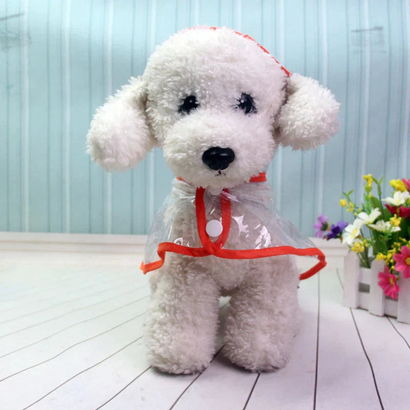 Back view of a transparent dog raincoat, with leash opening. Functional dog rain gear.