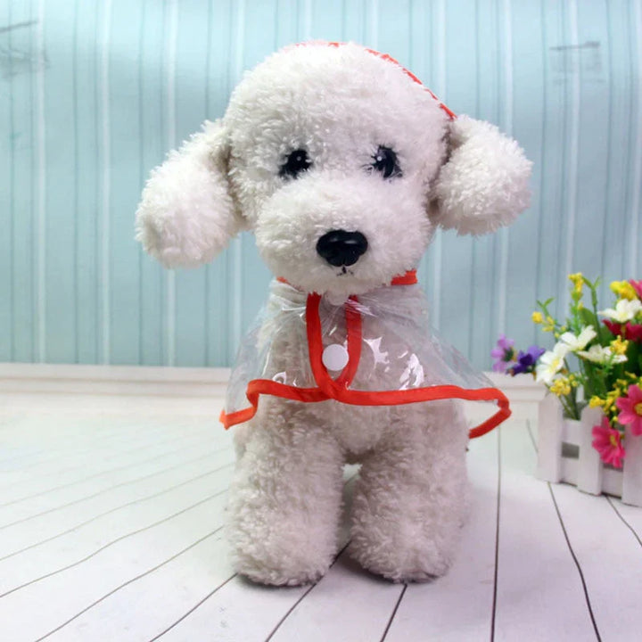 Back view of a transparent dog raincoat, with leash opening. Functional dog rain gear.