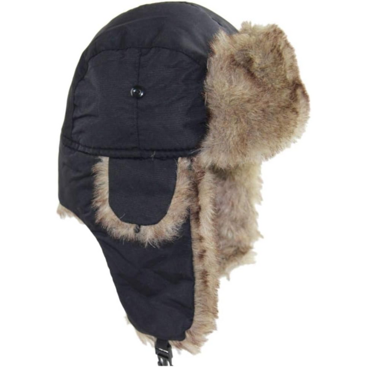 Functional winter trapper hat with warm faux fur lining, perfect for outdoor excursions and snowy conditions.