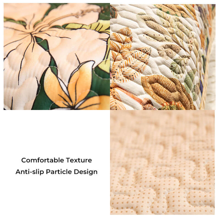 Close-up of tropical print couch cover texture, durable polyester furniture protection