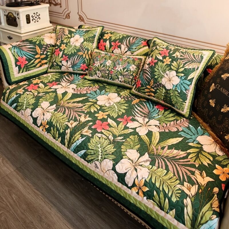 Durable anti-scratch tropical pattern sofa protector, easy care machine washable cover
