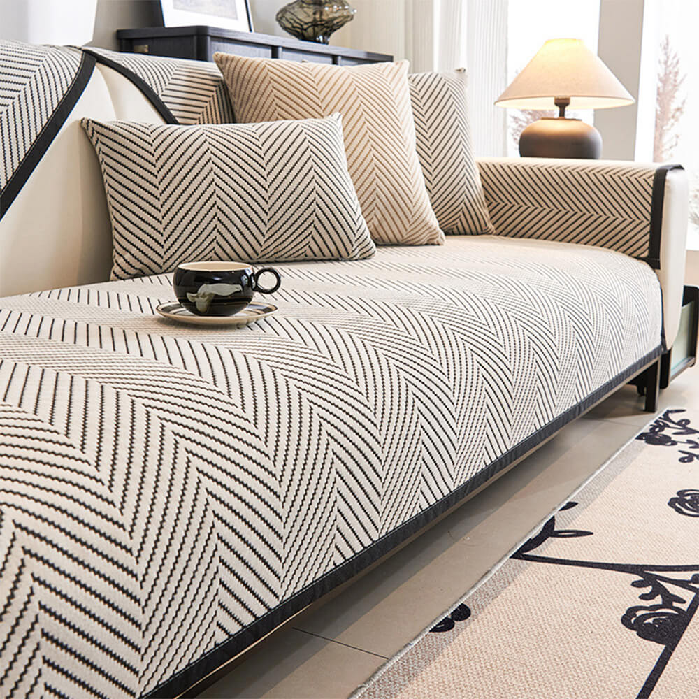 Unisex two-tone herringbone fleece couch cover for sectional sofa, soft and protective