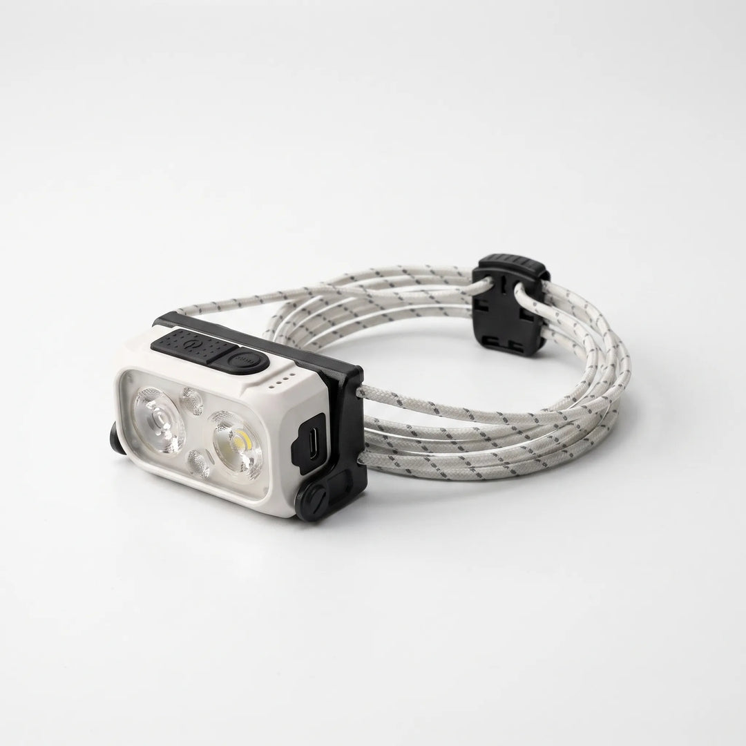 Compact white LED headlamp, rechargeable for running, hiking & hands-free outdoor illumination.