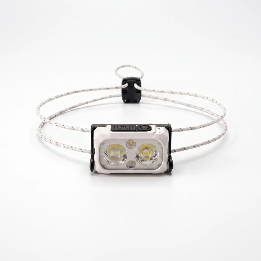 White unisex headlamp, compact & rechargeable for camping, hiking, & running; essential adventure gear.