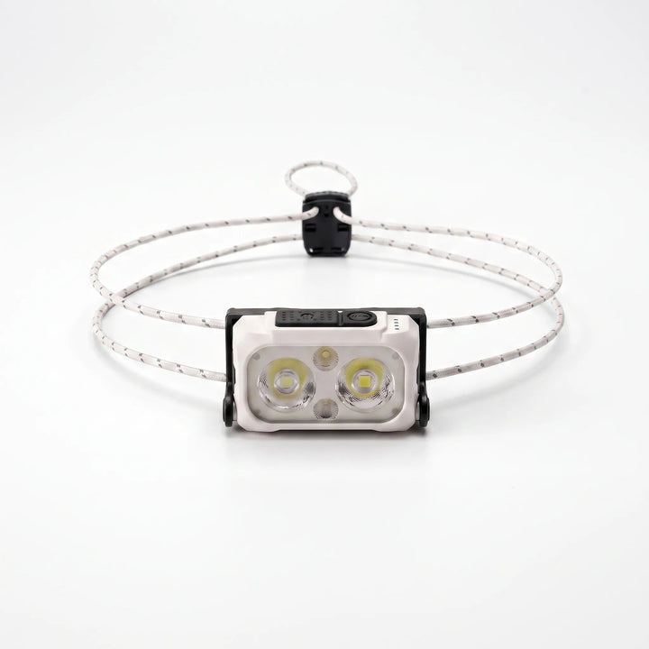 White unisex headlamp, compact & rechargeable for camping, hiking, & running; essential adventure gear.