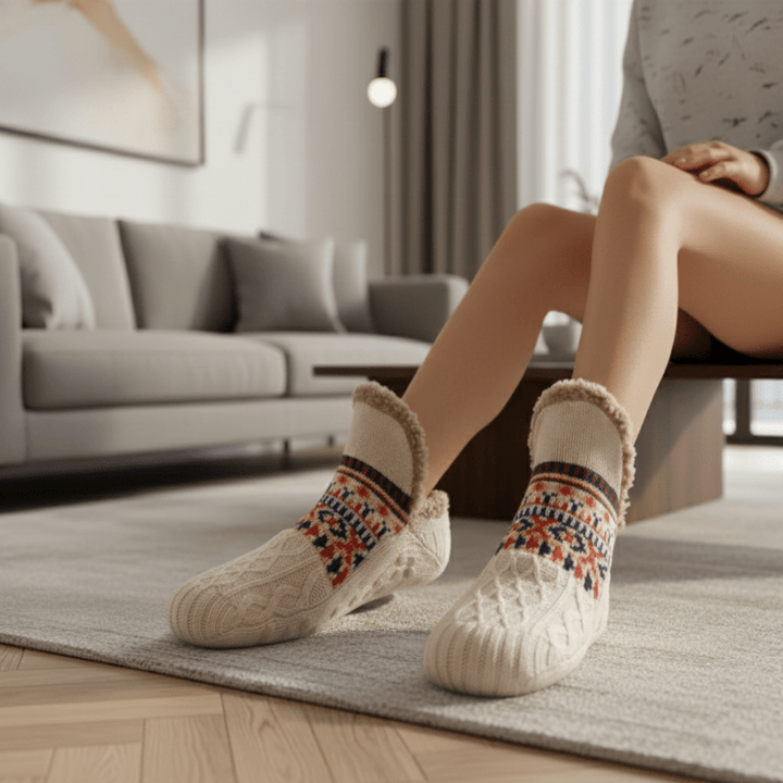 Soft knit slipper socks with non-slip grippers, ideal for indoor warmth and safety on slippery floors.