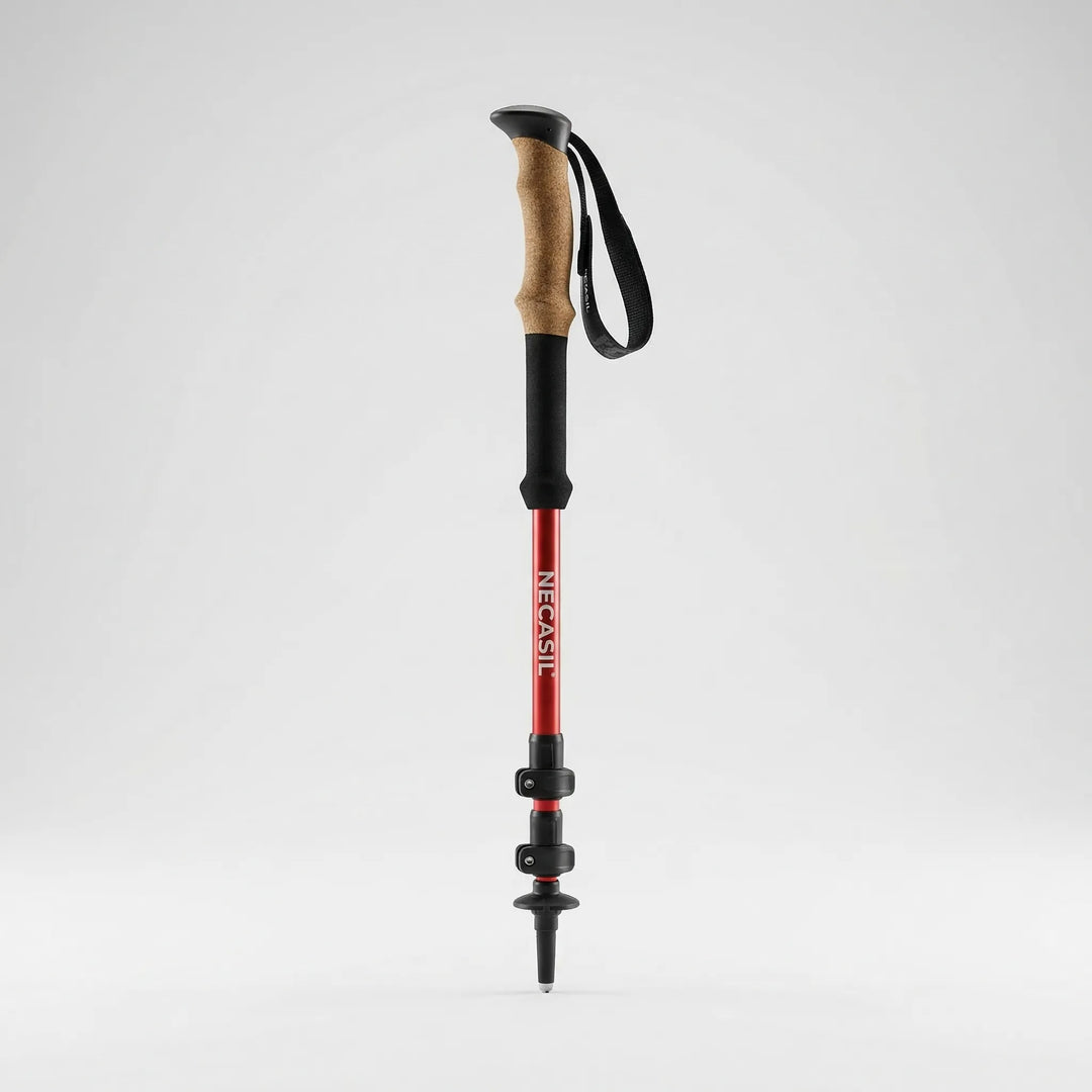 Collapsible ultralight aluminum trekking poles, adjustable for various heights, perfect for hiking.