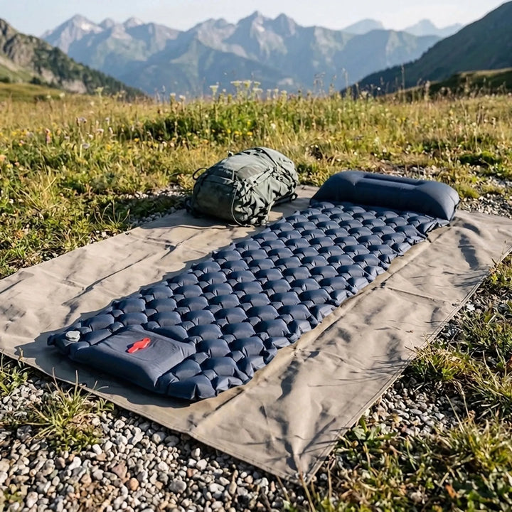 Unisex ultralight camping sleeping pad with built-in foot pump & integrated pillow for comfortable outdoor adventures.