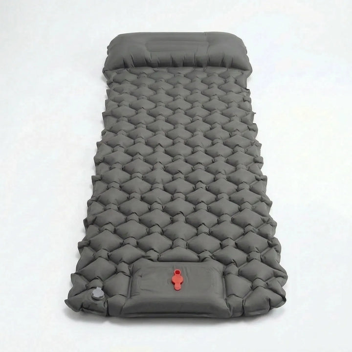 Unisex portable camping bed. Quick-inflate foot pump & integrated pillow for ultralight outdoor recreation and hiking.