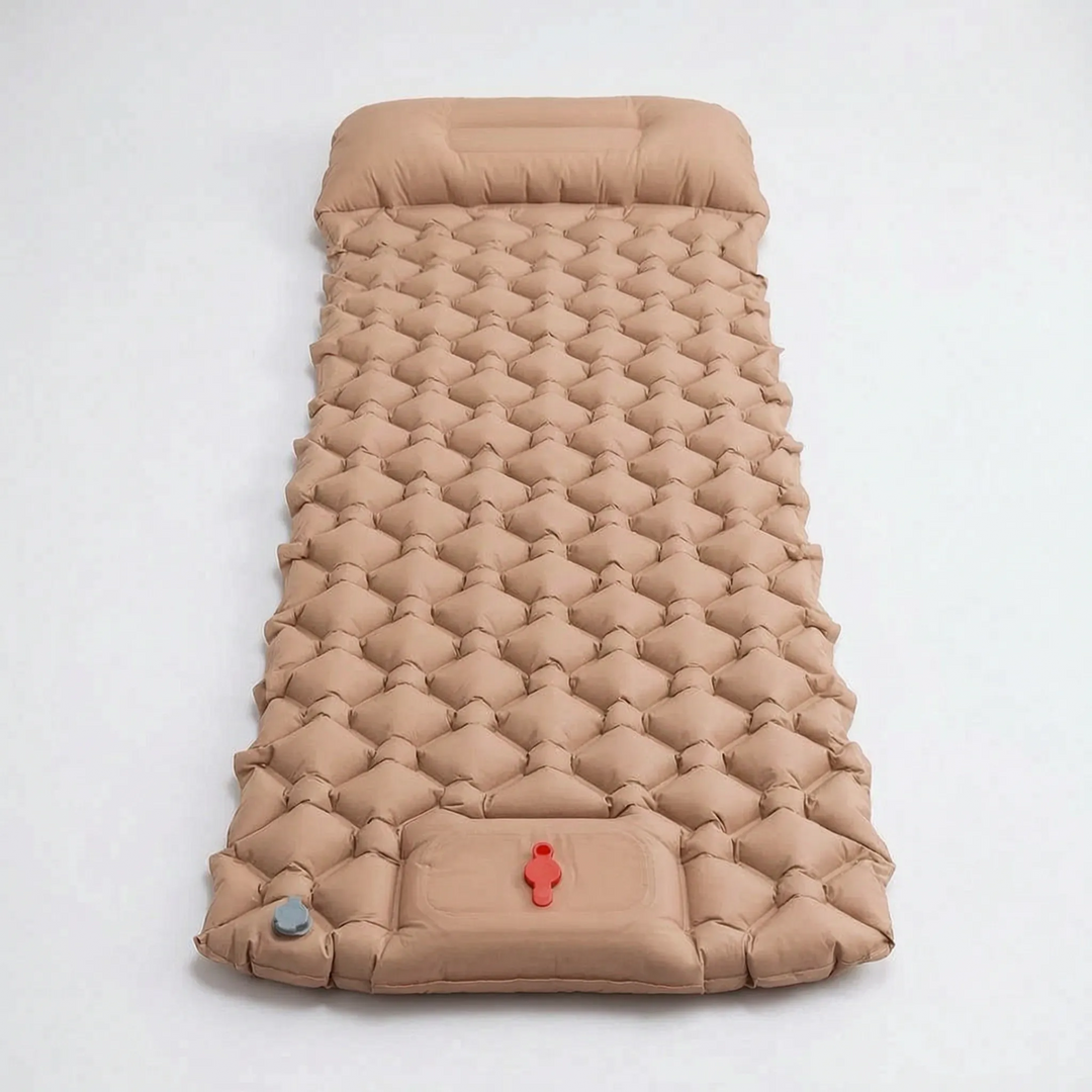 Folded ultralight camping sleeping pad. Compact, with built-in pump & pillow for easy backpacking and travel.