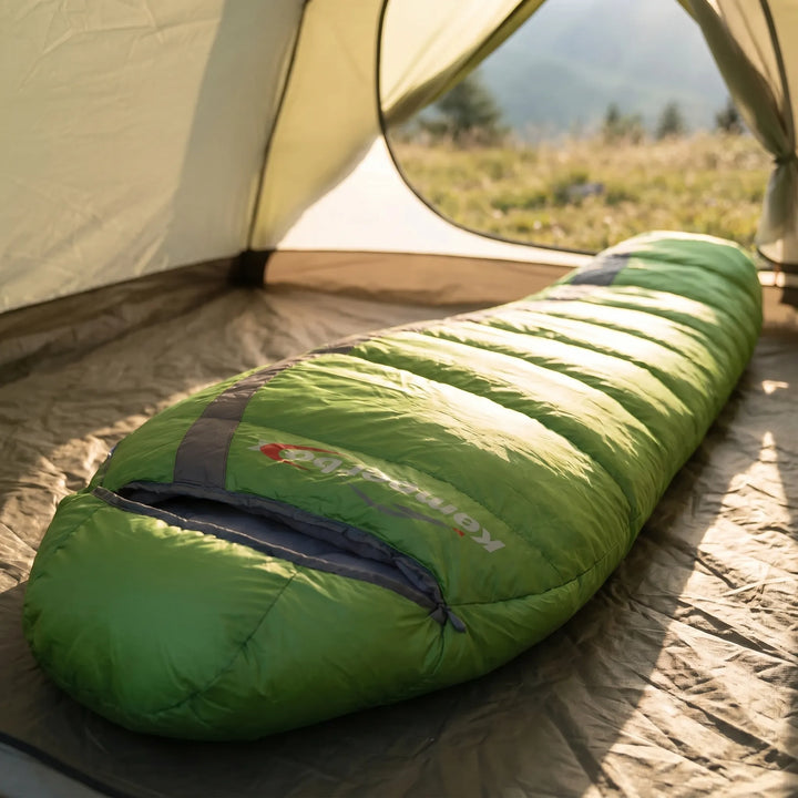 Compact, ultralight down mummy sleeping bag, ideal for backpacking & cold weather camping trips.