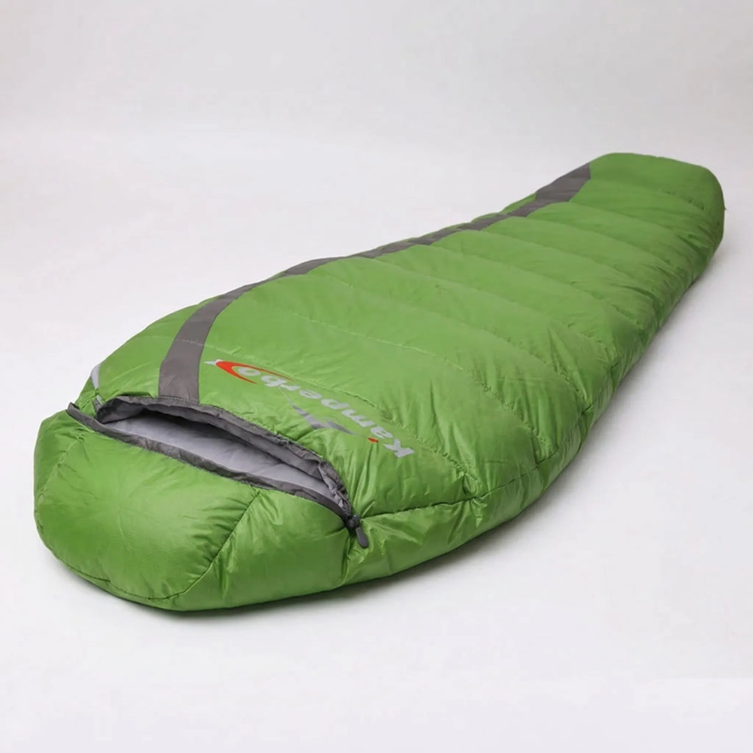 Durable unisex ultralight down mummy sleeping bag, reliable gear for cold weather camping & hiking adventures.