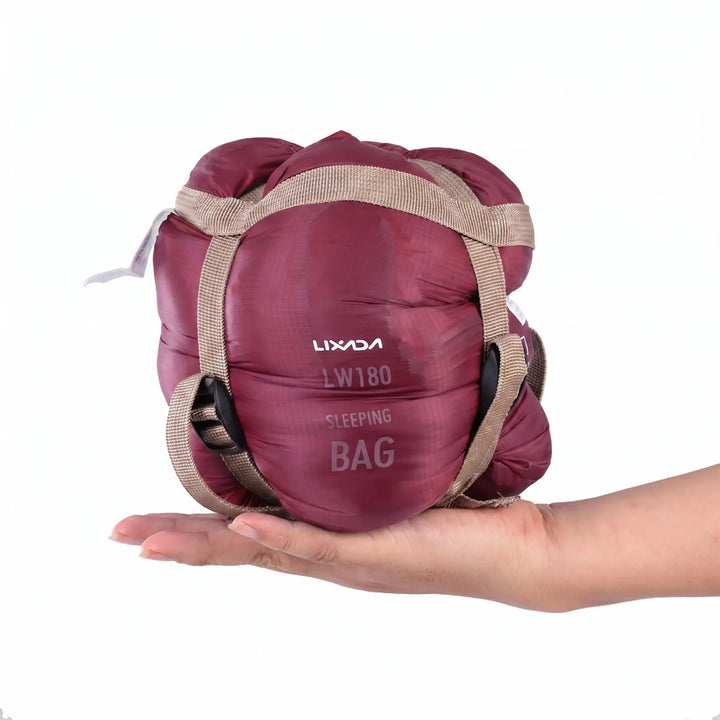 Packed ultralight envelope sleeping bag for camping, hiking, and travel. Compact & portable outdoor adventure gear.