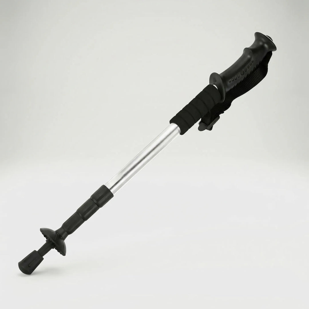 Collapsible trekking pole parts, showing its compact folding mechanism for ultralight backpacking.