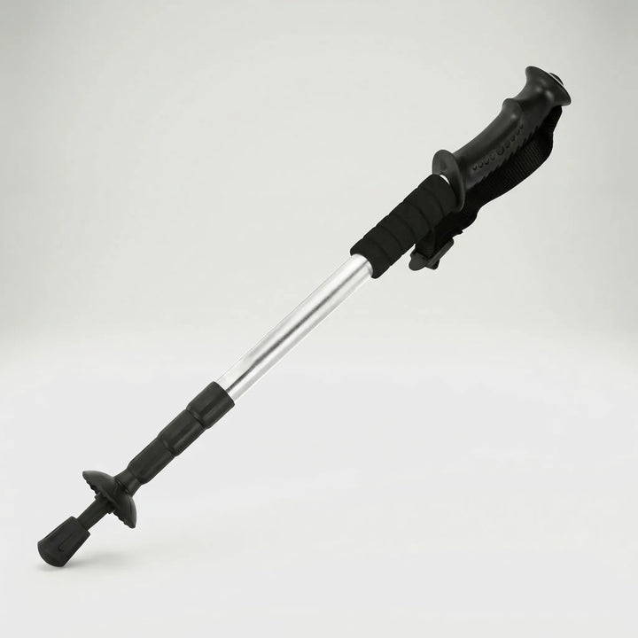 Collapsible trekking pole parts, showing its compact folding mechanism for ultralight backpacking.
