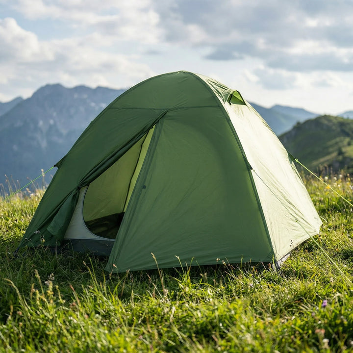 Unisex ultralight freestanding dome backpacking tent pitched in a scenic 3-season camping location.