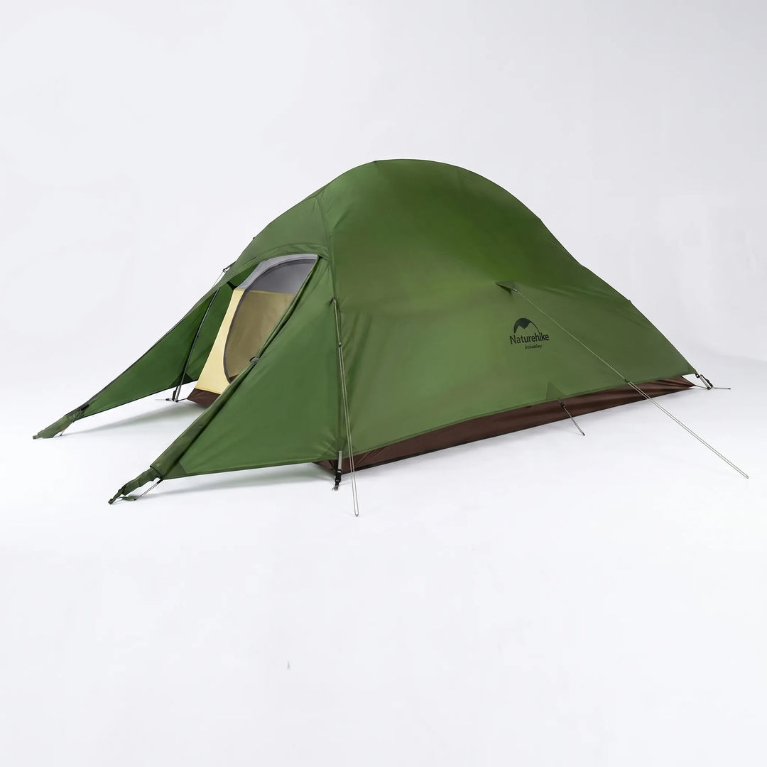 Compact ultralight dome backpacking tent packed in its travel bag, essential portable shelter for hiking & travel.