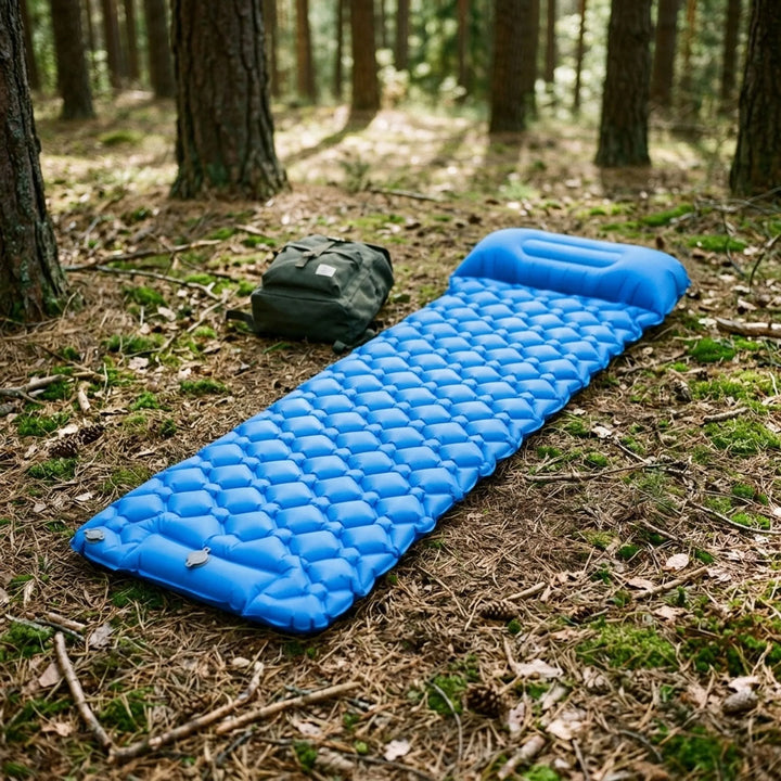 Unisex ultralight inflatable camping sleeping pad for backpacking; portable outdoor gear, comfortable camp mat for hiking.
