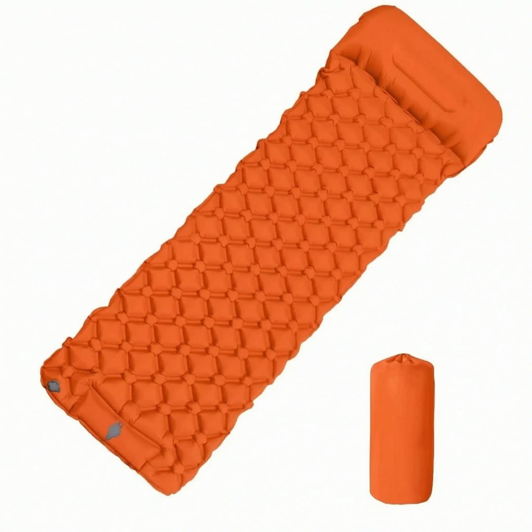 Person inflating a unisex ultralight camping sleeping pad, demonstrating easy setup for backpacking, hiking, and outdoor camp.