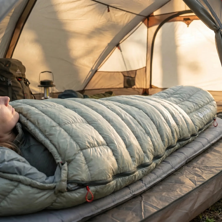 Unisex ultralight mummy down sleeping bag for backpacking, camping, & hiking. Compact warmth & gear.