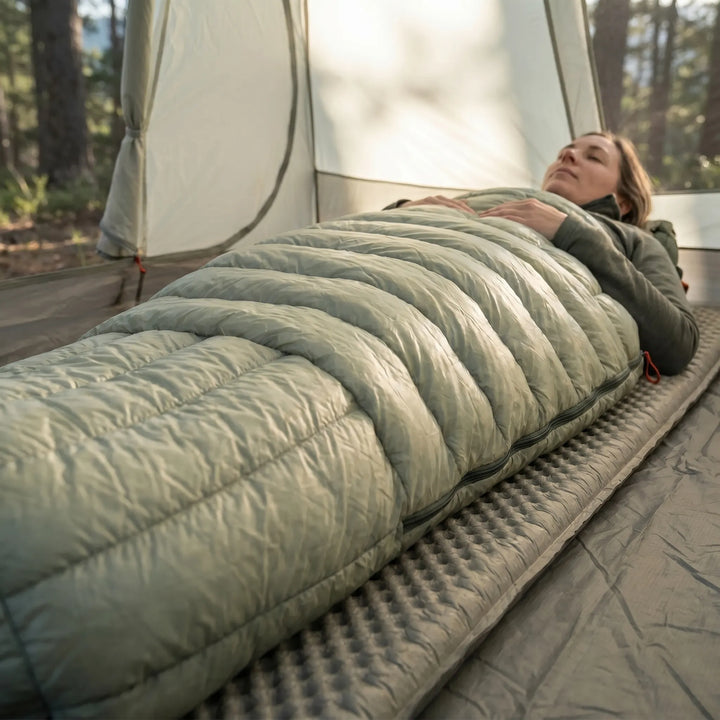 Warm mummy down sleeping bag, ultralight & compact for backpacking gear. Ideal for outdoor adventures.